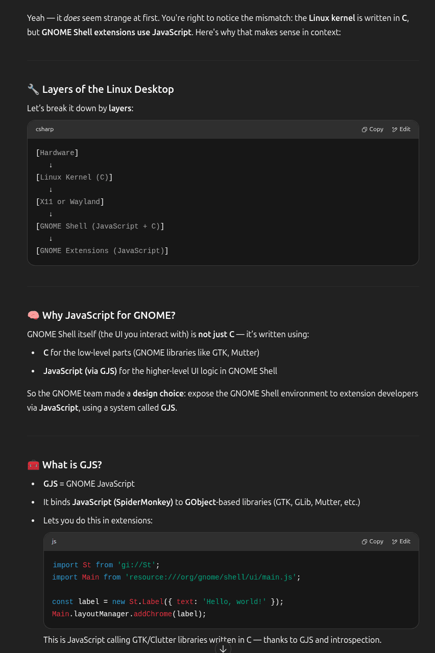 ChatGPT explaining why GNOME extensions use JavaScript instead of C, part 1