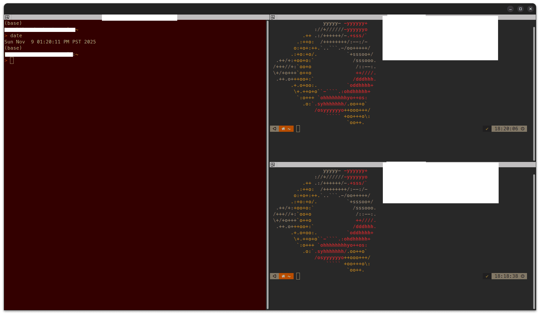 Terminal tabs with red background distinguishing active SSH sessions from local