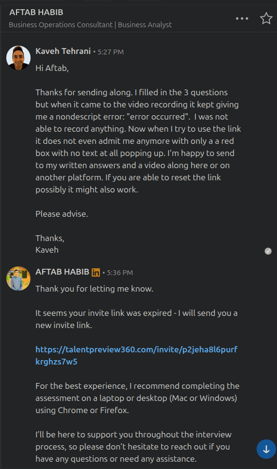 LinkedIn message to scammer asking about the video recording issue
