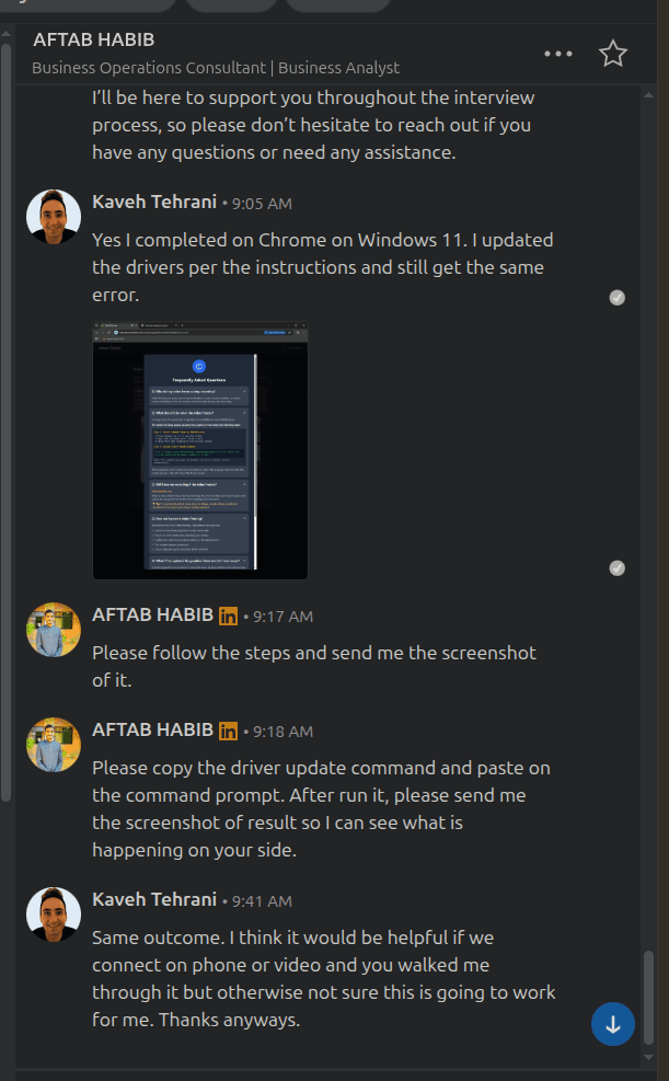 Scammer dodging requests for a direct conversation on LinkedIn