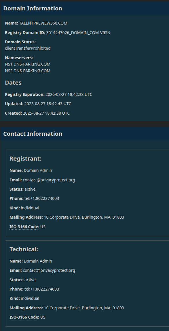 ICANN lookup showing talentpreview360.com was recently registered via Hostinger