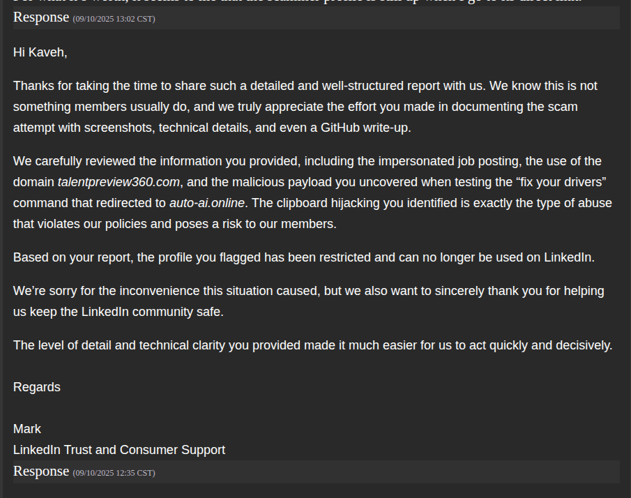 LinkedIn finally taking action on the scam report after multiple follow-ups