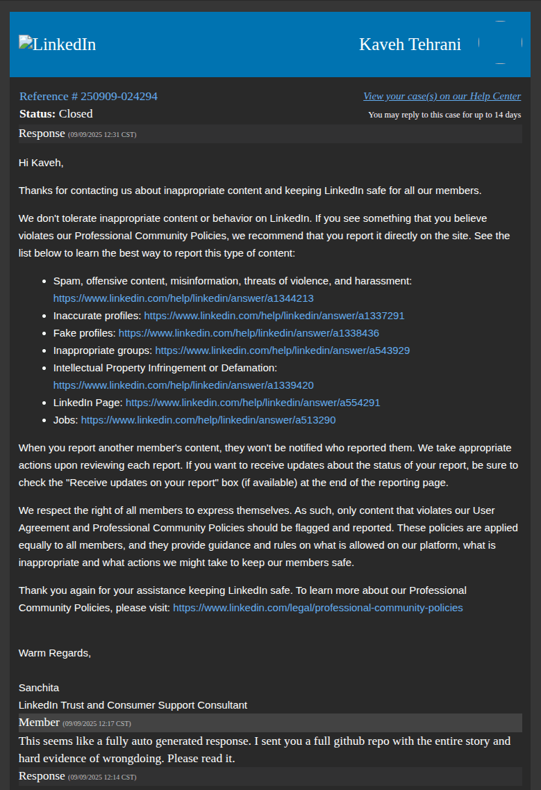 LinkedIn generic automated response closing the scam report without action