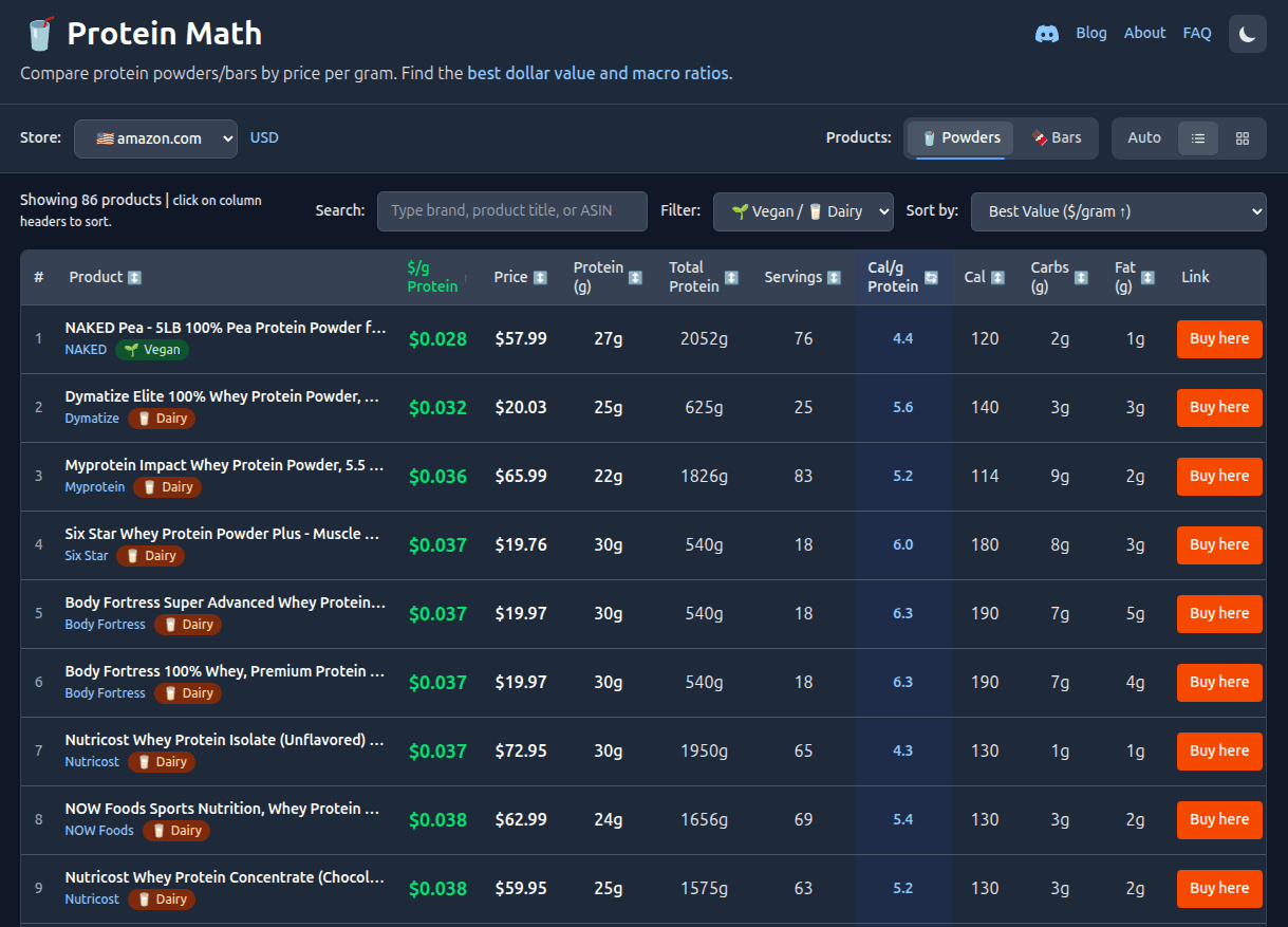 Screenshot of proteinmath.app comparing protein powder prices and macros