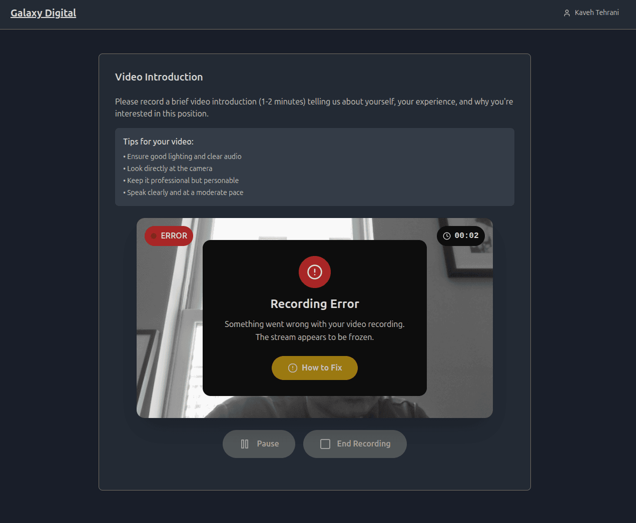 Video recording prompt that deliberately errors out to trigger the malicious fix
